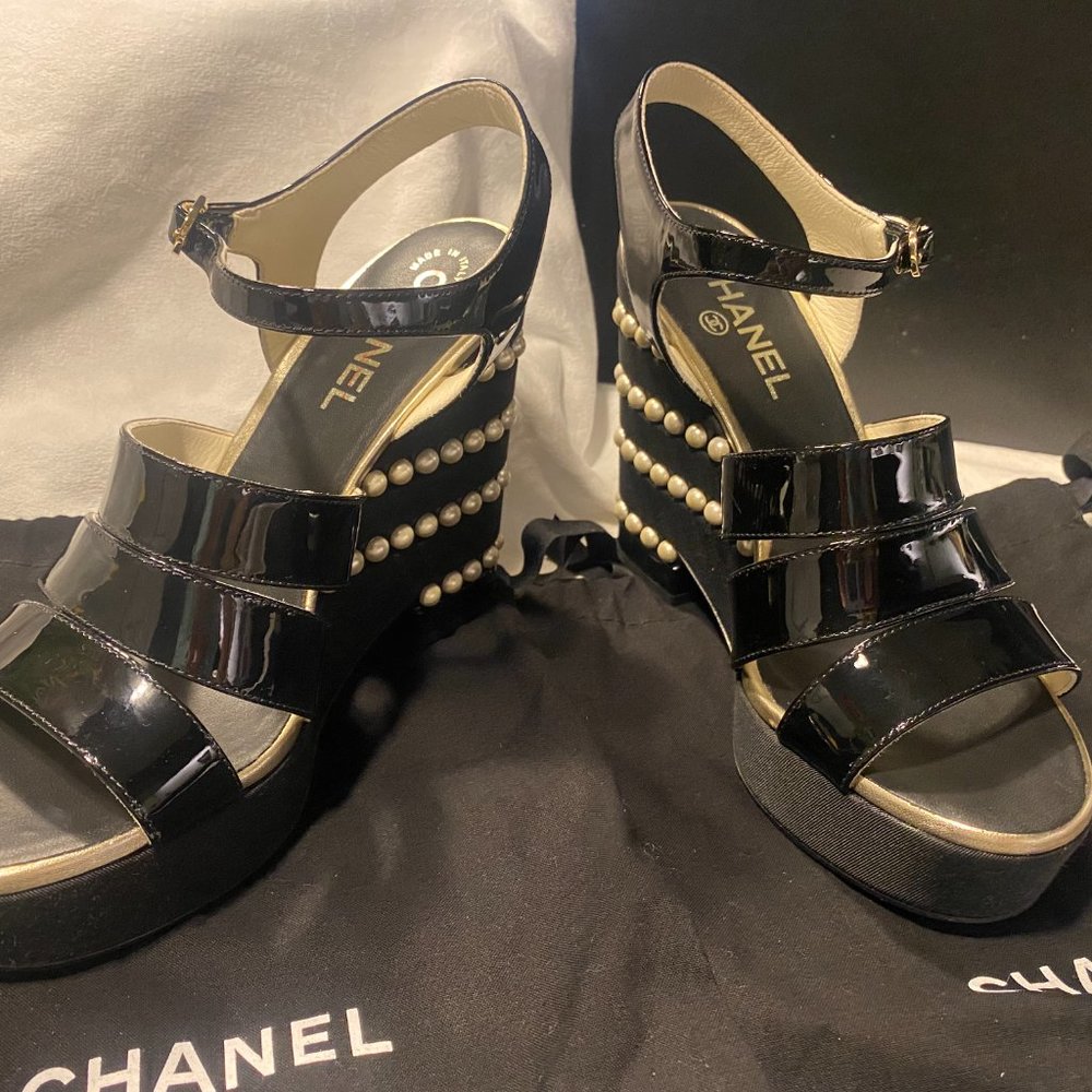 Chanel Calfskin Ankle Strap Wedge Sandals